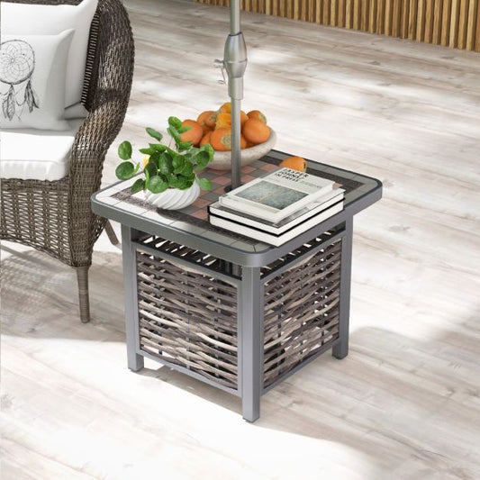 55cm Outdoor PE Rattan Side Table with Umbrella Hole and Metal Frame