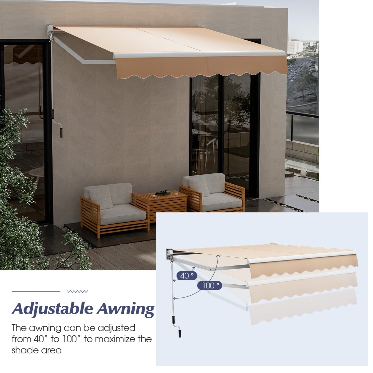 Aluminum Patio Sun Shade with Crank Handle and Water-Resistant Polyester-Beige
