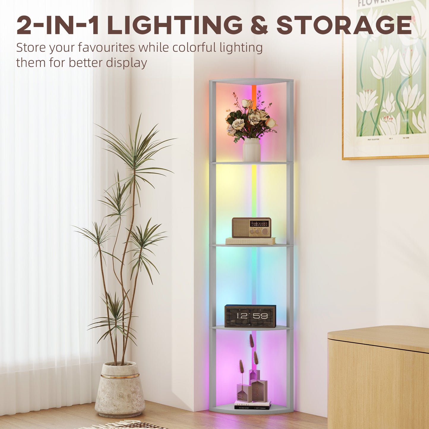 HOMCOM RGB LED Floor Lamp with Shelves, 5-Tier Dimmable Standing Lamp with Adjustable Brightness and Remote Control, Modern Corner Display Shelf Unit for Living Room Bedroom Office, Grey