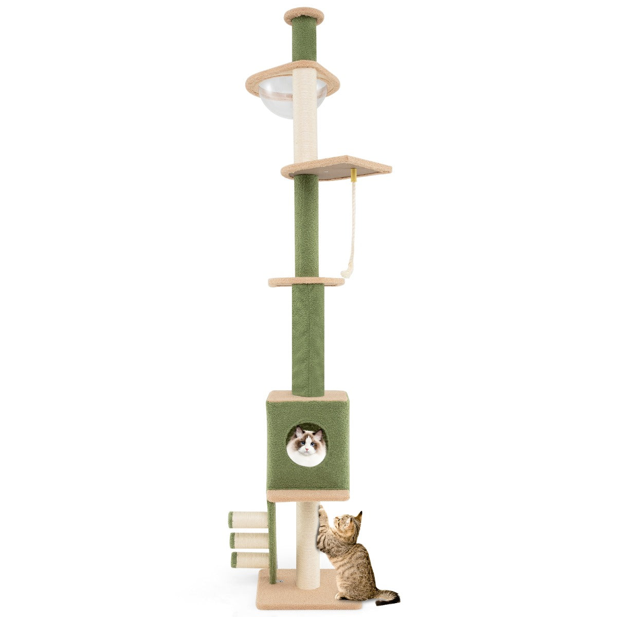 Floor to Ceiling Cat Tree with Adjustable Height and Extra Post-Green