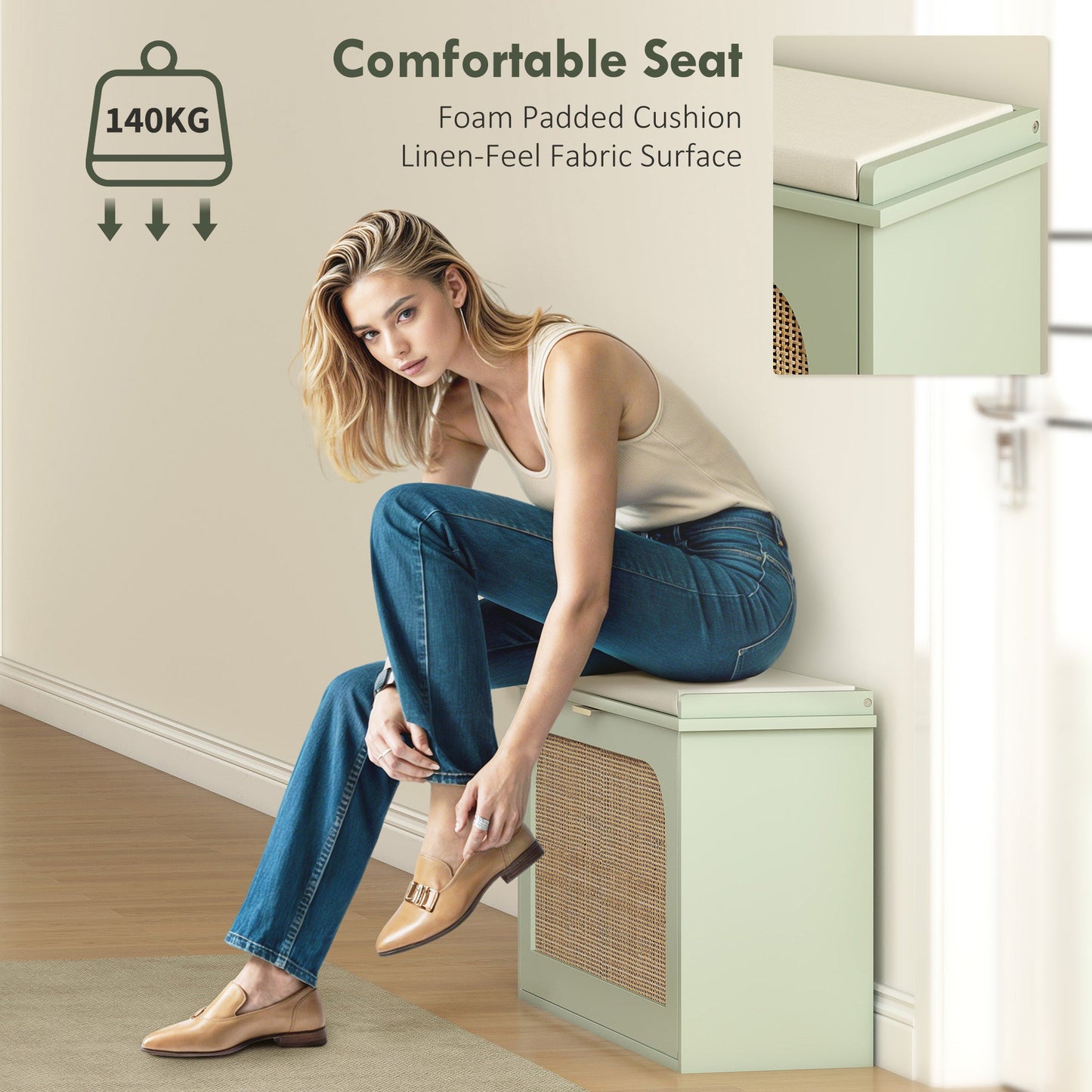 HOMCOM Boho Shoe Bench with Padded Seat and Flip-Drawer - Light Green