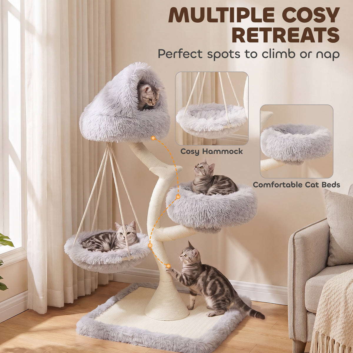 PawHut 115 cm Modern Cat Tree Tower for Large Cats with Sisal Scratching Post, Holds 1 Cat up to 6kg, Machine-Washable Beds