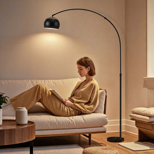 HOMCOM Arc Floor Lamp for Living Room, Modern Adjustable Standing Lamp with Faux Black Marble Base Black