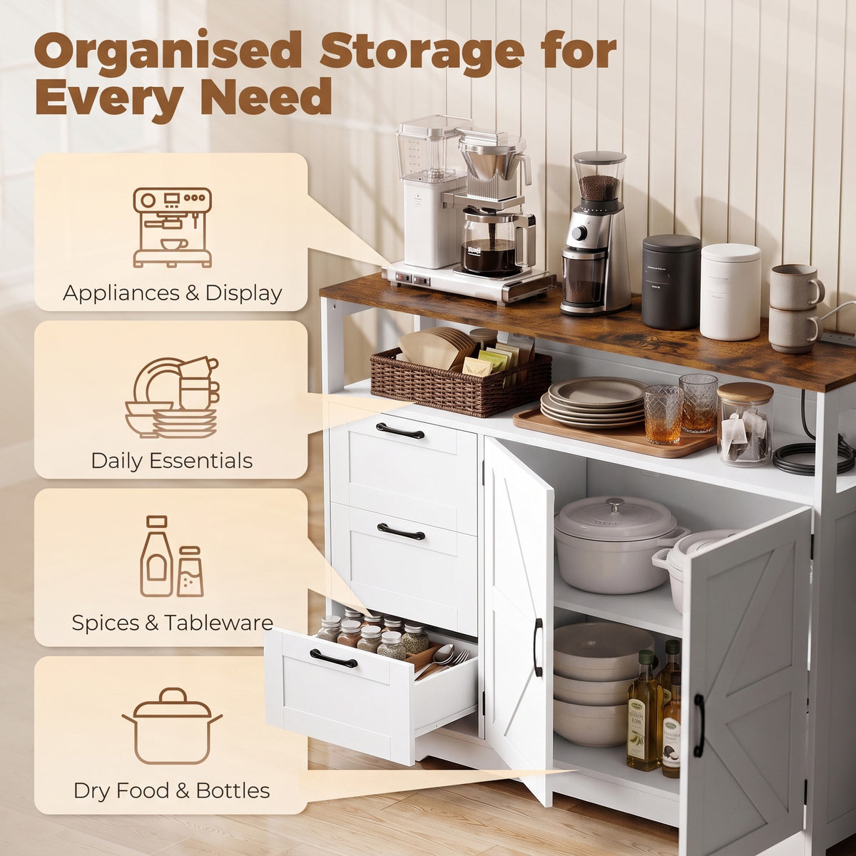 HOMCOM Sideboard Cabinet with Power Outlet, Farmhouse Kitchen Cabinet with 3 Drawers and Open Shelf, White