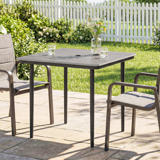 Outsunny Garden Dining Table for 4, 85 cm Square Outdoor Table with Umbrella Hole, Faux Wood Top, Metal Legs, Light Grey