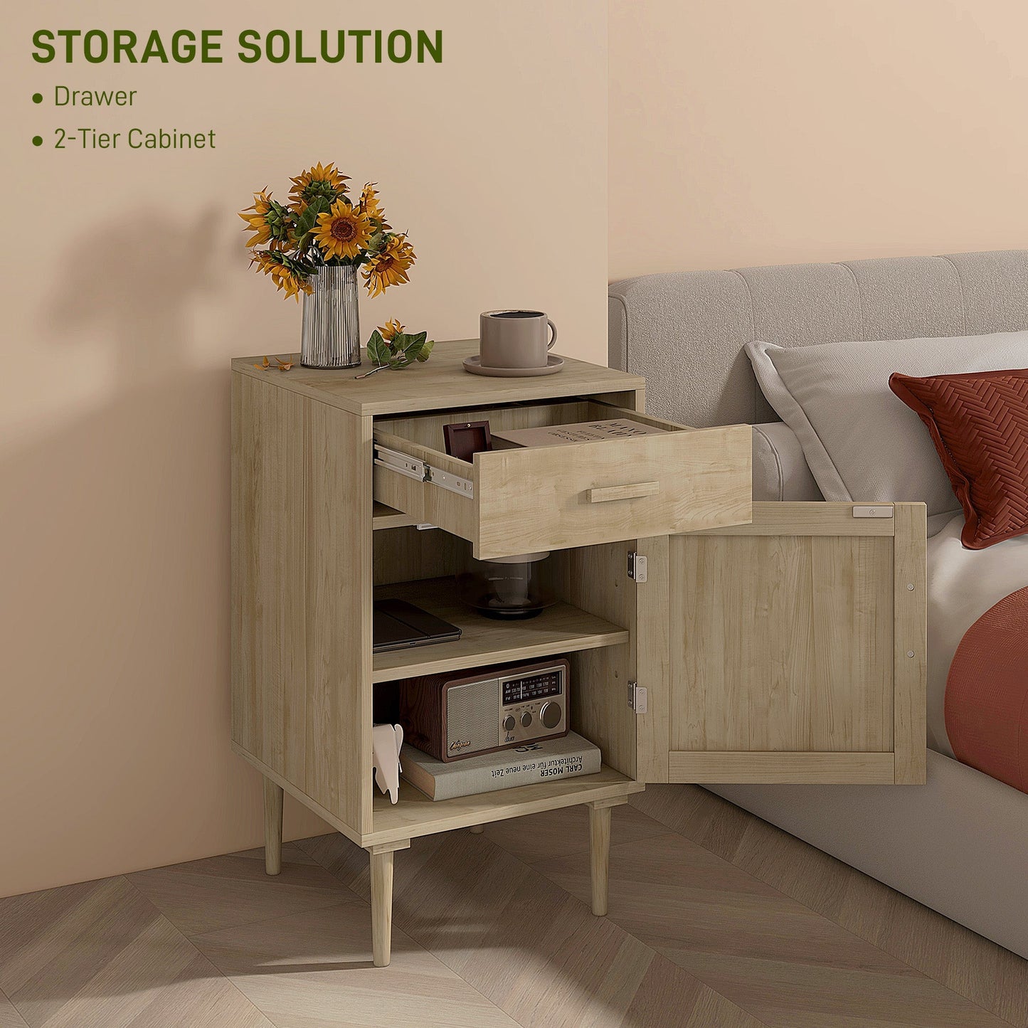 HOMCOM Bedside Table, Rattan Side Tables with Drawer, Cabinet and Adjustable Shelf, Boho Bedside Cabinet with Storage for Bedroom, Living Room, Natural Wood Effect