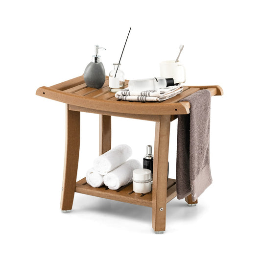 Waterproof Bath Stool with Curved Seat and Storage Shelf-Brown