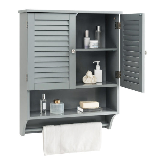 2-Doors Bathroom Wall-Mounted Medicine Cabinet with Towel Bar-Gray