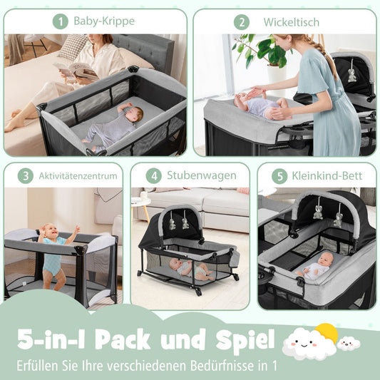 5-in-1 Portable Baby Bed with Travel Cot & Cradle & Playpen & Changing Table Black + Gray