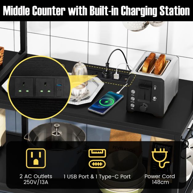 Bakers Rack with Power Outlets and 10 S-Shaped Hooks-Black