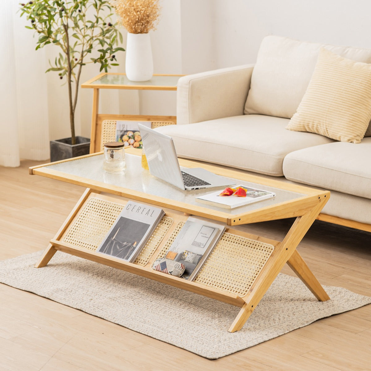 Z-Shaped Handwoven Bamboo Coffee Table with Tempered Glass Top-Natural