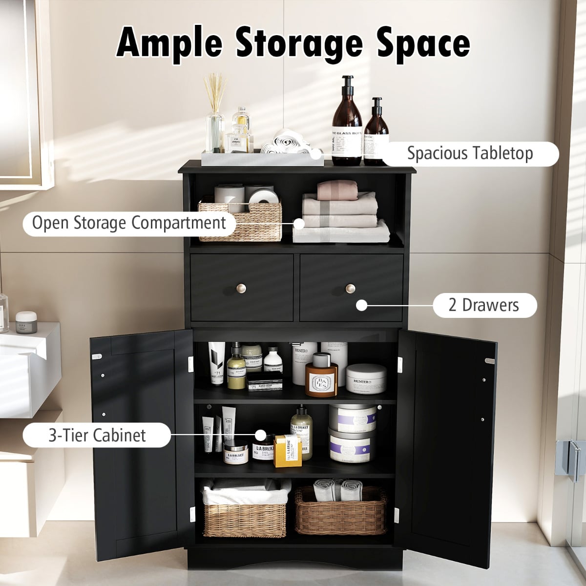 Bathroom Floor Cabinet with 2 Doors and 2 Adjustable Shelves for Bathroom-Black