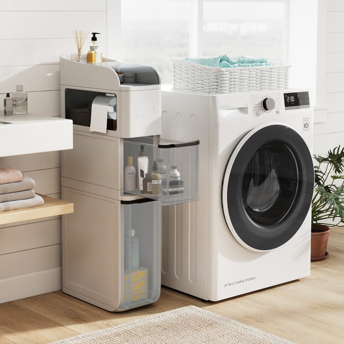 4-Tier Bathroom Storage Cabinet with 2 Drawers and Tissue Box-White