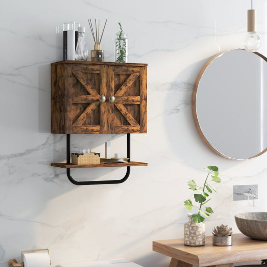 Bathroom Wall Cabinet with Double Door and Open Shelf and Towel Rack-Rustic Brown