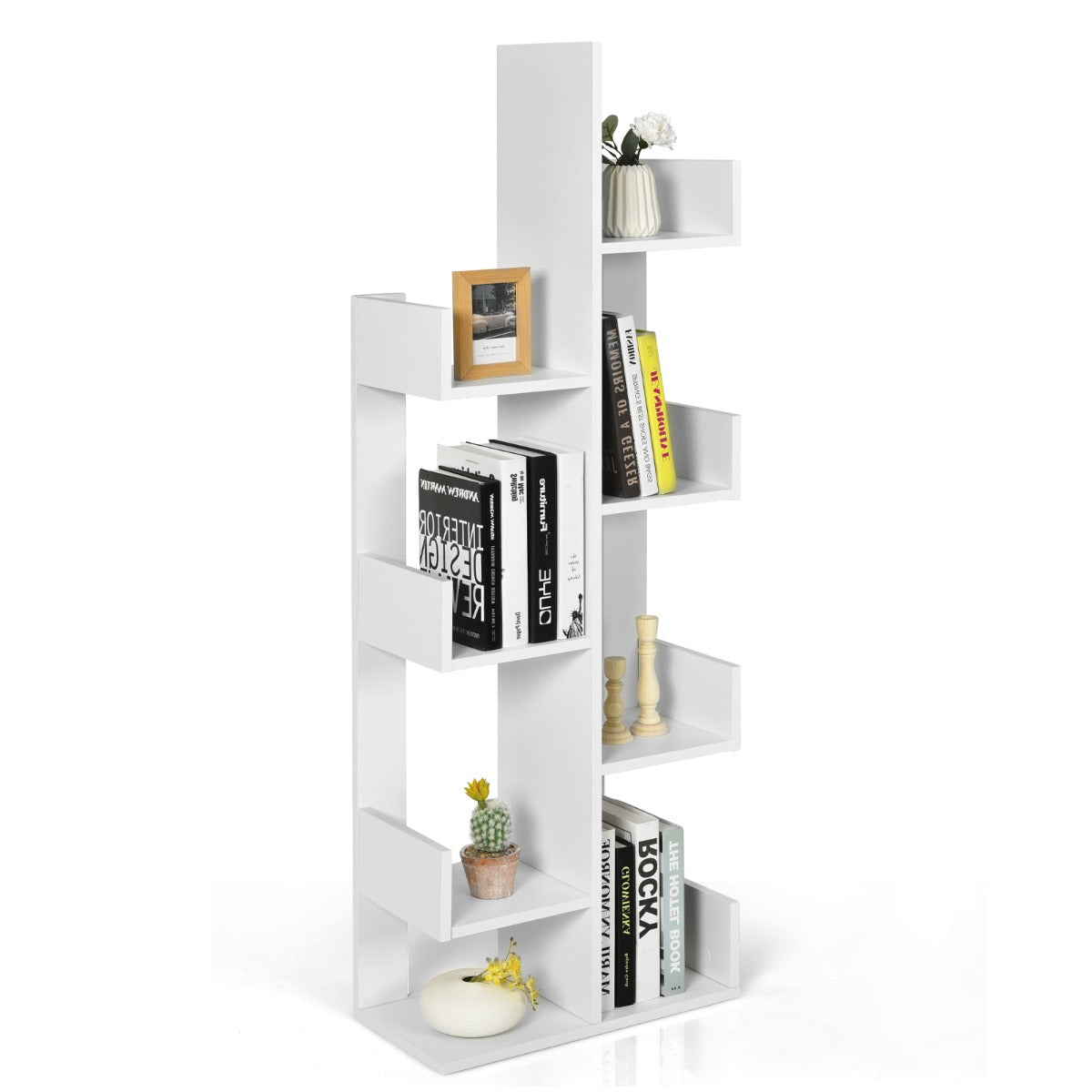 Tree-shaped bookcase with 8 compartments, standing shelf, storage shelf, 50 x 25 x 145 cm, white