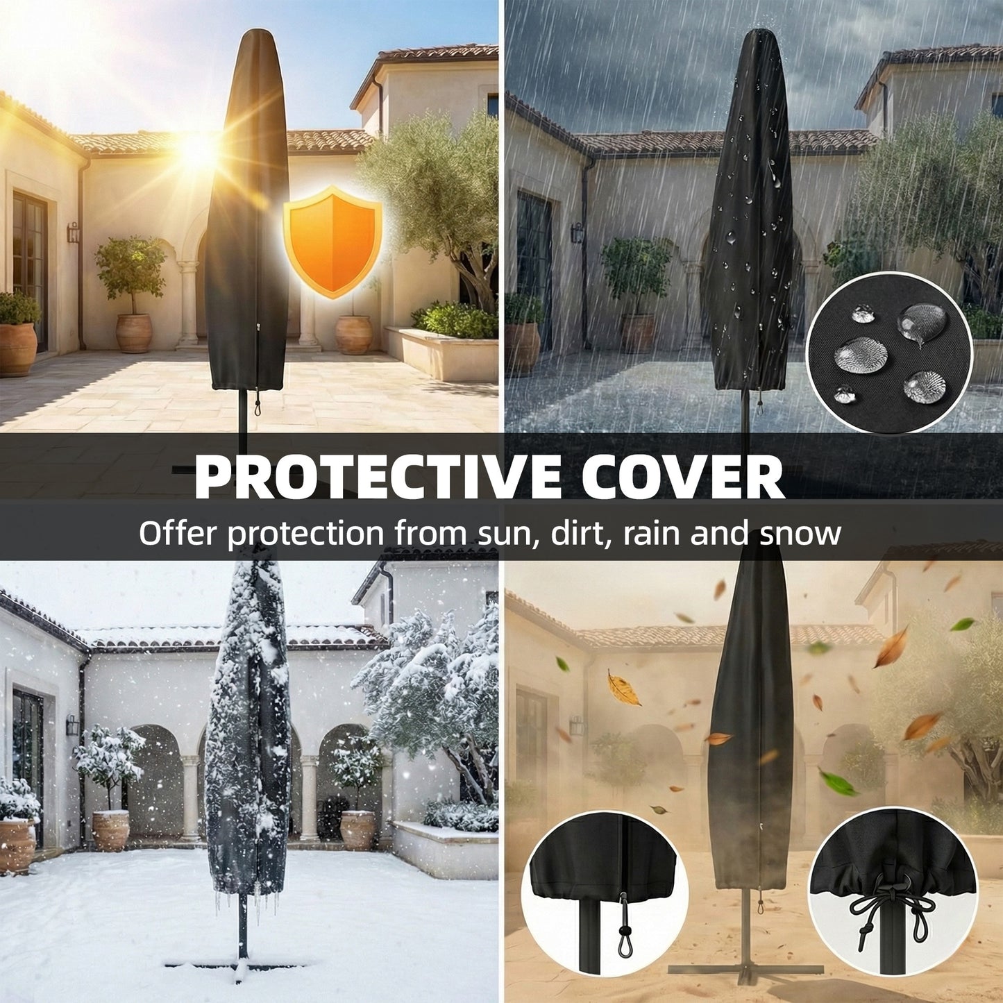 Outsunny 3 x 3 m Garden Cantilever Parasol with Light, Cover, Overhanging Umbrella w/ Wind Protection, 360° Rotation, Light Grey