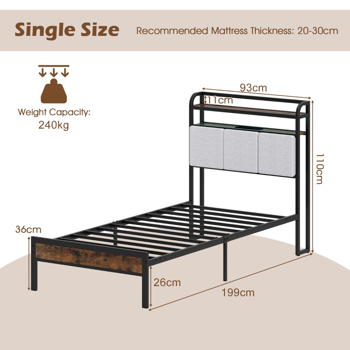 King Size Double Size Bed Frame with LED Light and Charging Station-Single Size