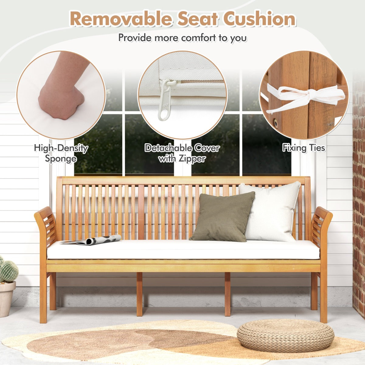 3-Person Porch Bench with High Backrest and Seat Cushion-White