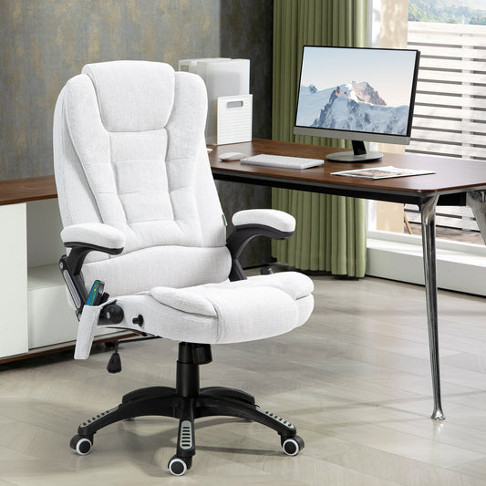 Vinsetto Massage Recliner Chair Heated Office Chair with Six Massage Points Linen-Feel Fabric 360 Swivel Wheels Cream White