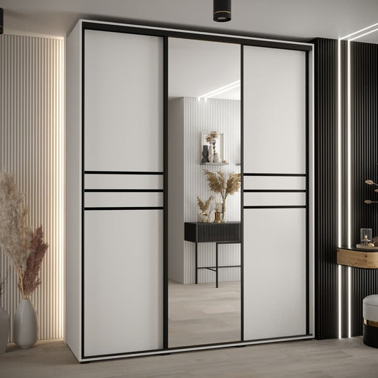 Modern sliding wardrobe with glass panels in a stylish room setting.