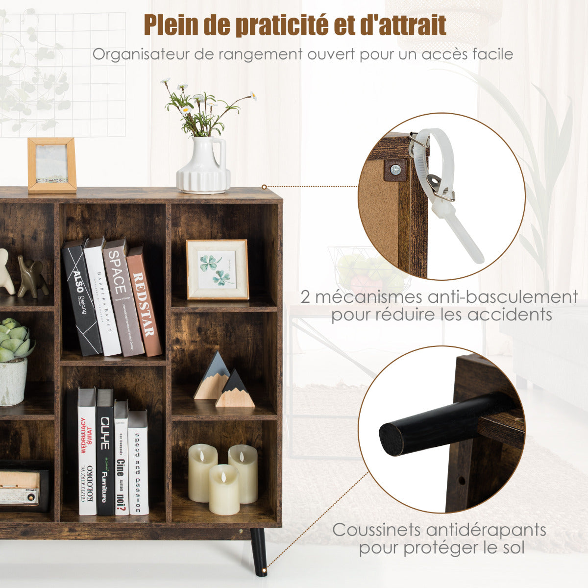 8-Cube Storage Organizer with 2 Anti-Tipping Mechanisms-Deep Brown