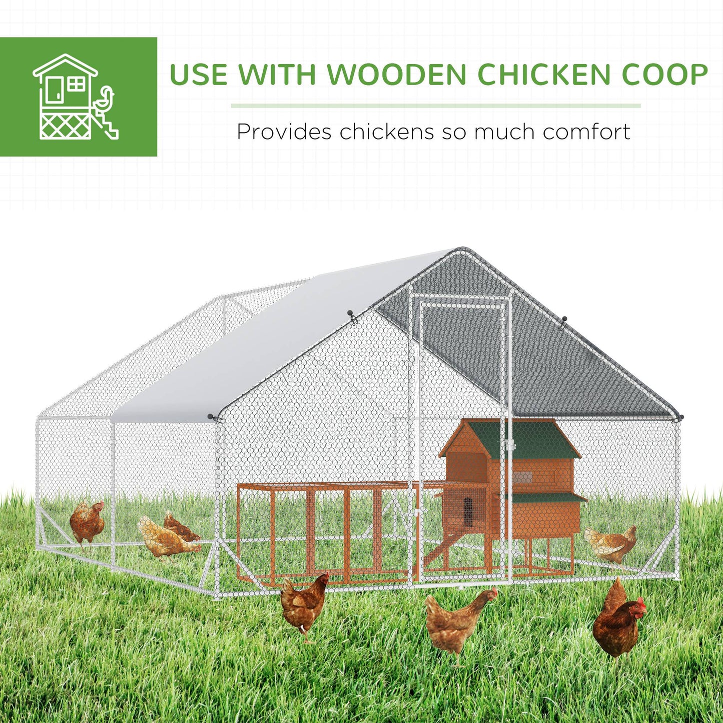PawHut Chicken Walk-in Run, Galvanised Chicken Coop, Hen Poultry House Cage, Rabbit Hutch Pet Playpen Garden w/ Water-Resist Cover, 3 x 4 x 2m