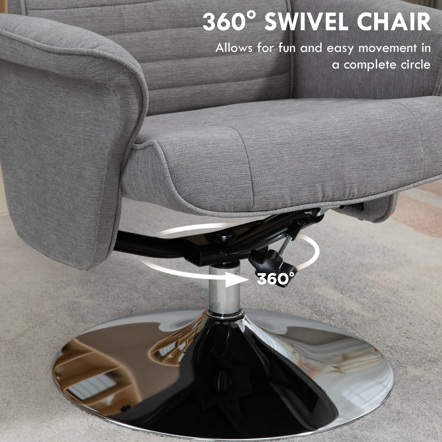 HOMCOM Swivel Recliner Chair with Footstool, Velvet Recliner Armchair with Ottoman, Steel Base, Upholstered Reclining Chair for Living Room, Bedroom, Office, Grey