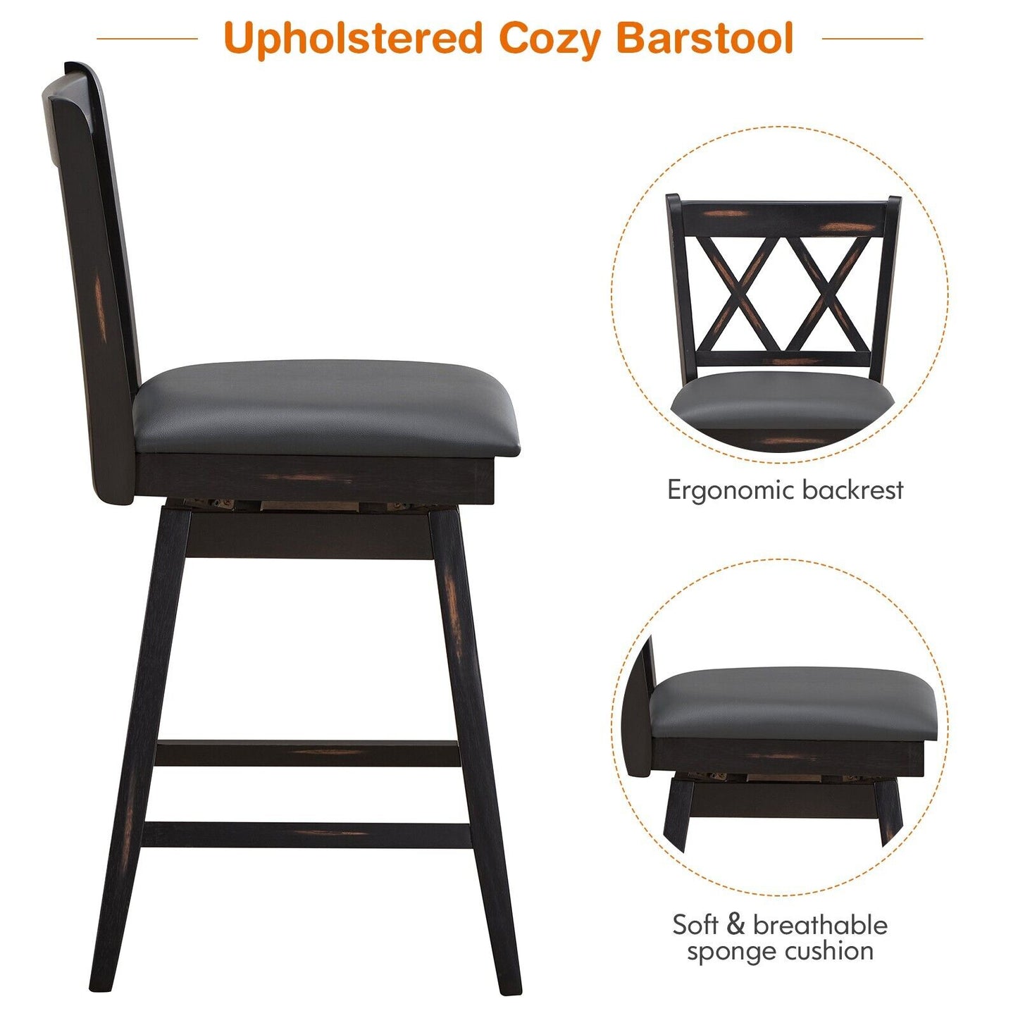 Set of 2 Counter Height Bar Stool with Ergonomic Backrest-Black