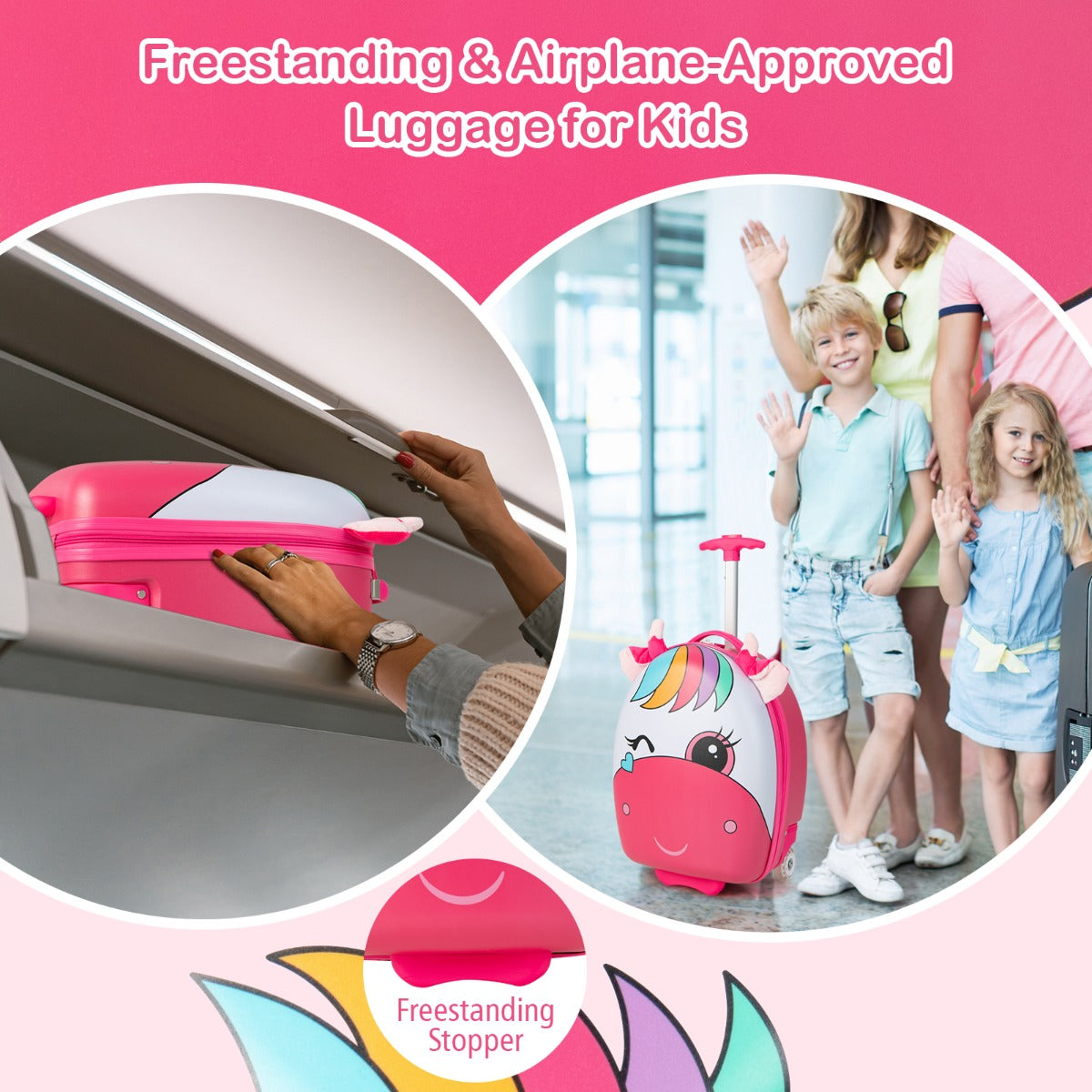 16 Inch Kids Luggage with Light-up Wheels and Telescopic Handle-Pink Horse