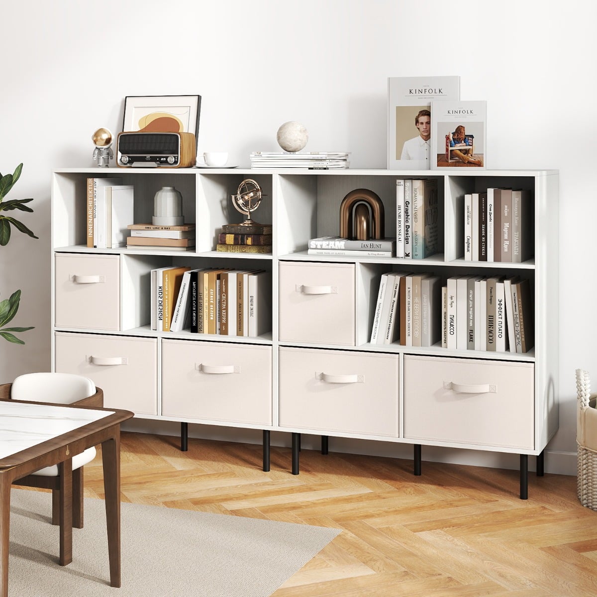 3-Tier Bookcase with 3 Removable Folding Fabric Drawers-White