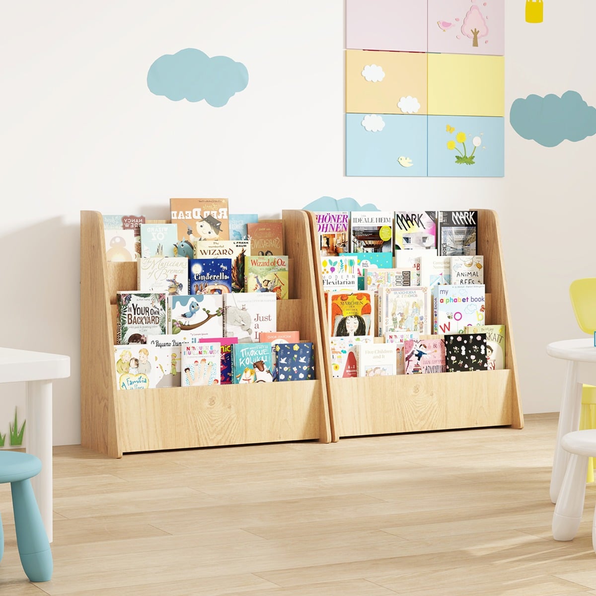 4-Tier Kids Bookshelf with Deep Compartments for Kids Bedroom-Natural