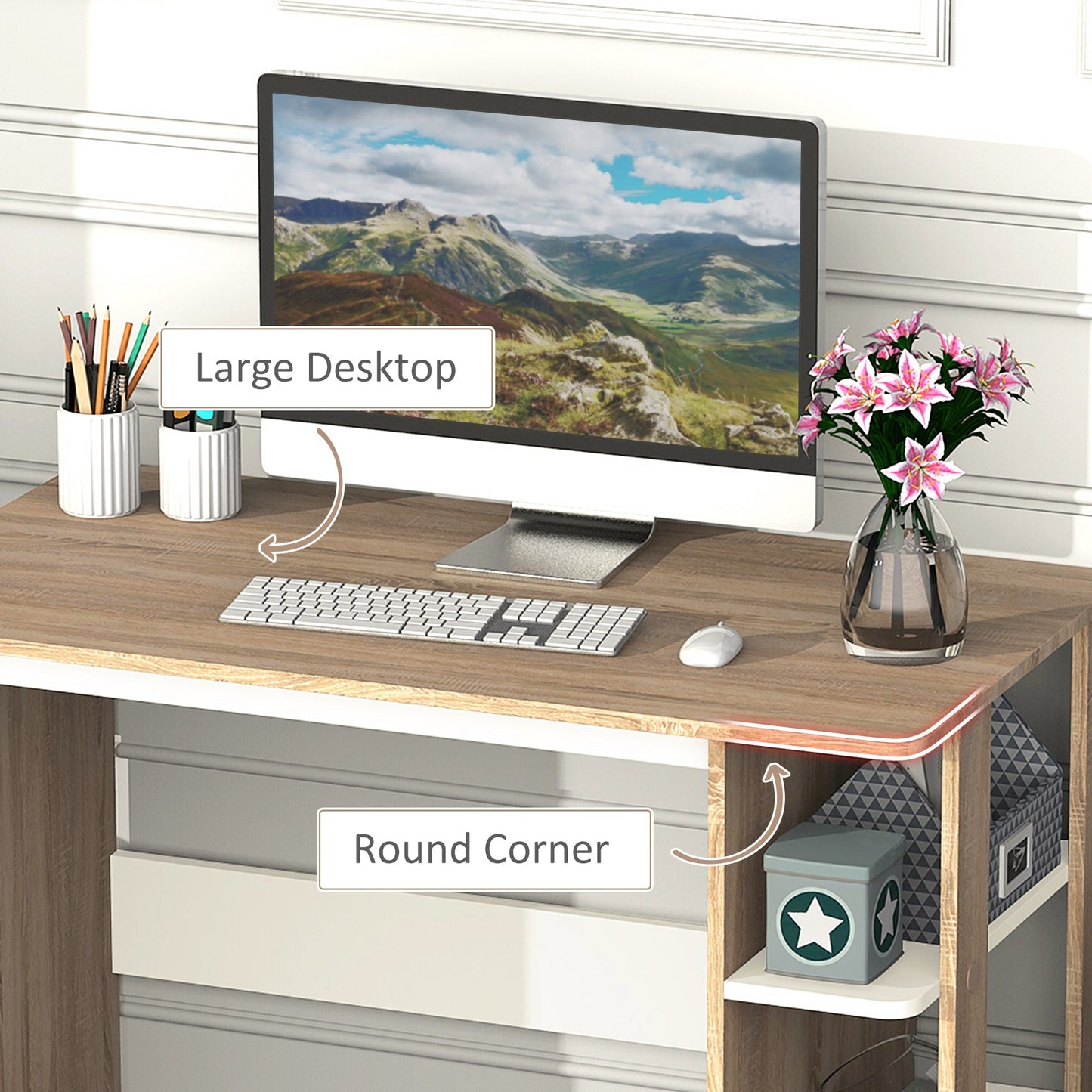 HOMCOM Computer Desk, Writing Desk with 3-Tier Storage Shelf, Work Table for Home Office, Study, Living Room, Oak and White