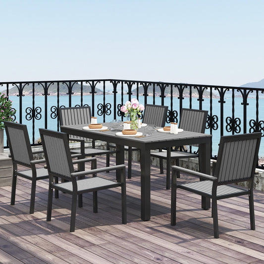 Outsunny 6 Seater Garden Dining Set with Stackable Chairs, Aluminium Frame, Rectangular Plastic Top, Garden Furniture Set, Outdoor Dining Table and Chairs for Patio, Balcony, Poolside, Grey