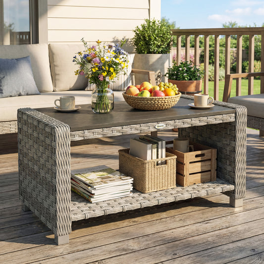 Outsunny Outdoor Side Table with 2-tier Storage Rattan End Table for Patio 90 cm Grey