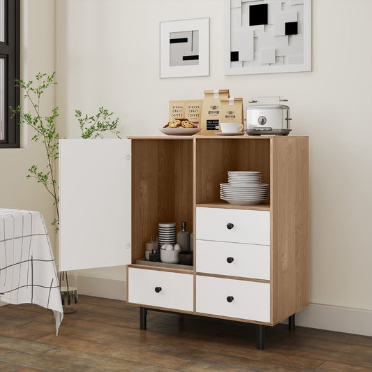 Buffet Sideboard Mid Century Modern Storage Cabinet with 4 Drawers-Natural