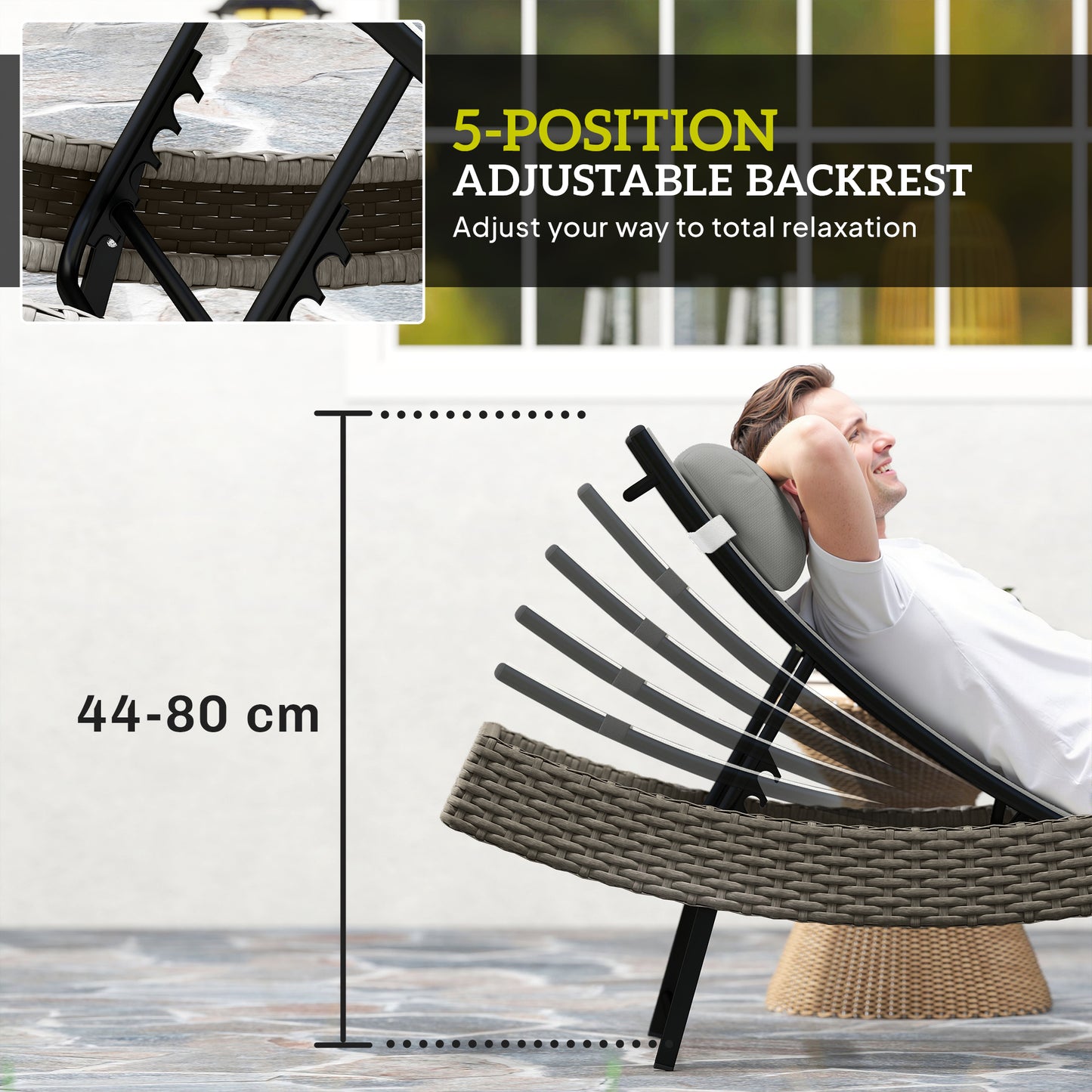 Outsunny Rattan Sun Lounger, Garden Recliner with 5 Position Adjustable Back, S Shaped Texteline Seat, Headrest, Light Grey