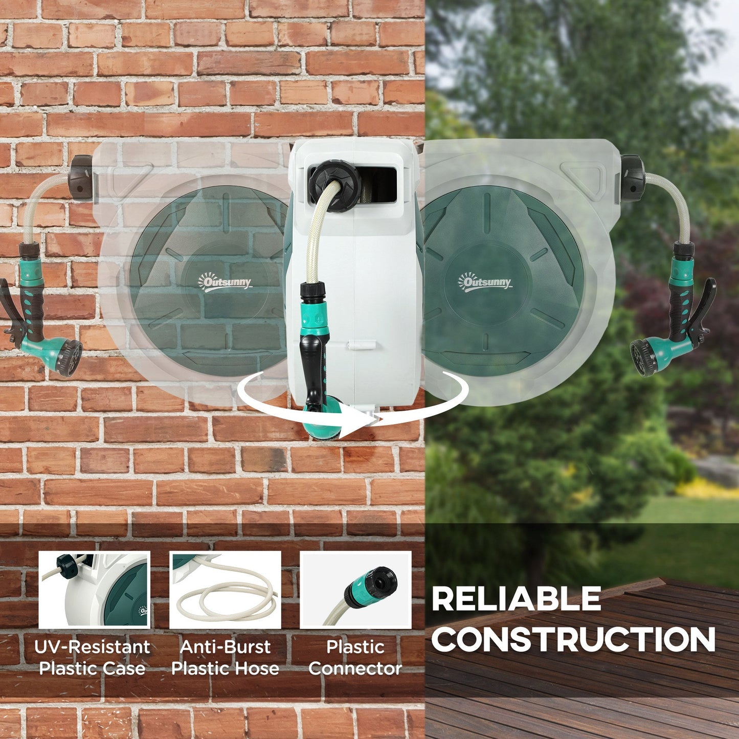 Outsunny Retractable Hose Reel Wall Mounted, 30+2m Garden Hose Pipe Reel with Lock, Auto Rewind, 7 in 1 Spray Nozzle, Includes Wall Fixings, 180 Swivel, Outdoor Watering, Grey