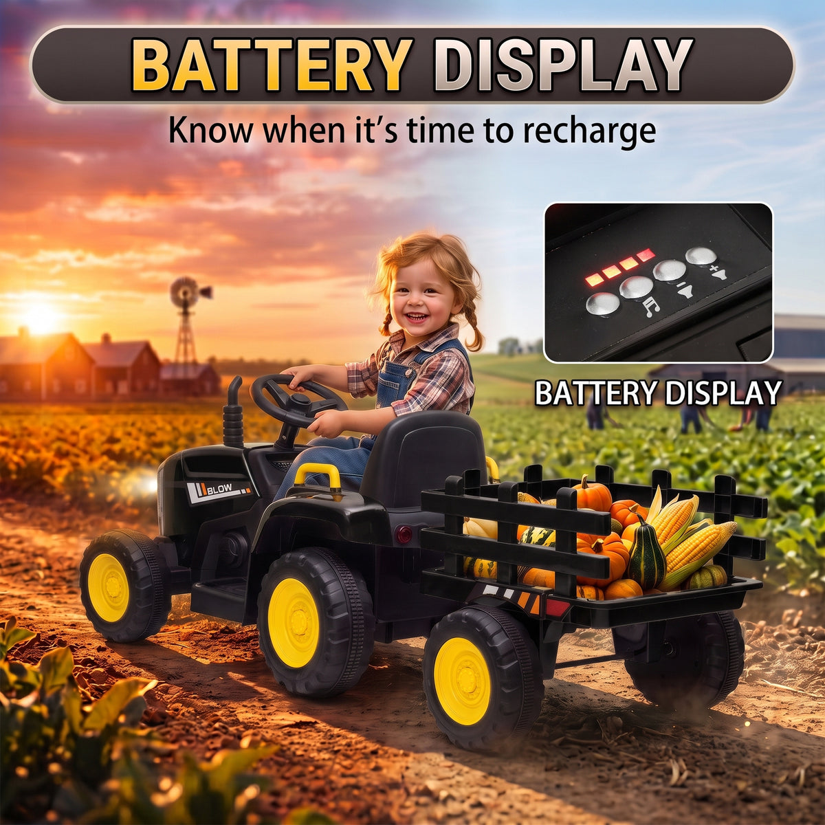 HOMCOM 12V Kids Ride on Tractor with Detachable Trailer, Remote, Soft Start, Seat Belt, Music, USB, Horn, Lights for 3-6, Black