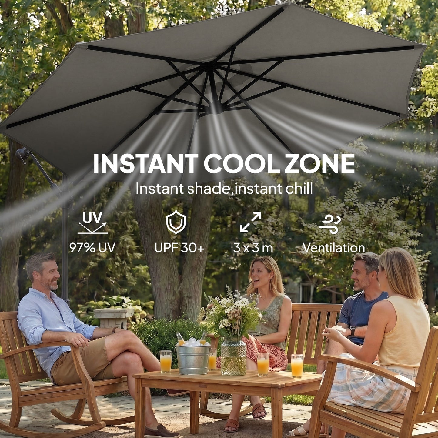 Outsunny 3 m Garden Cantilever Parasol with Cross Base, Sandbag, 360 degrees Rotating Overhanging Banana Umbrella, Grey