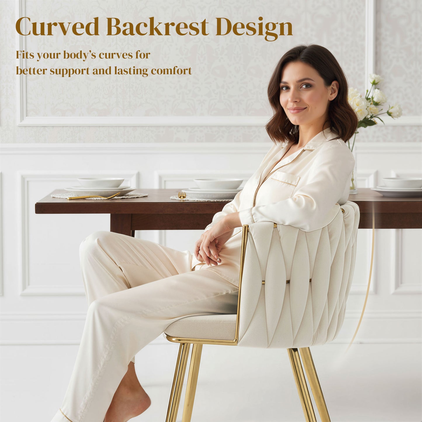 HOMCOM Velvet-Feel Dining Chairs Set of 2, Modern Upholstered Kitchen Chairs with Woven Backrest and Armrests, Metal Legs and Padded Seat for Dining Room, Bedroom, Living Room, Cream