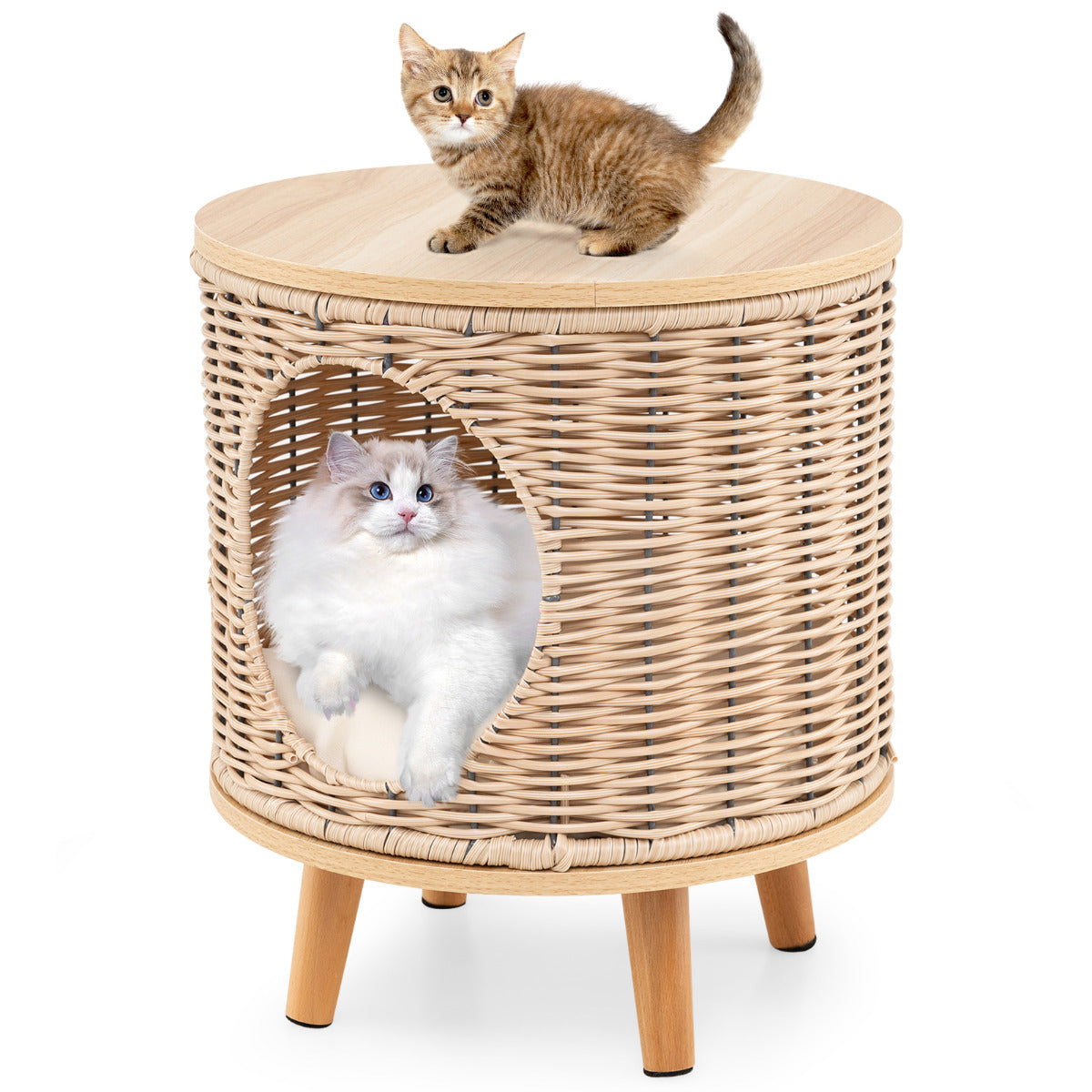 Cat House with Breathable Rattan Frame and Rubber Wood Legs-Beige