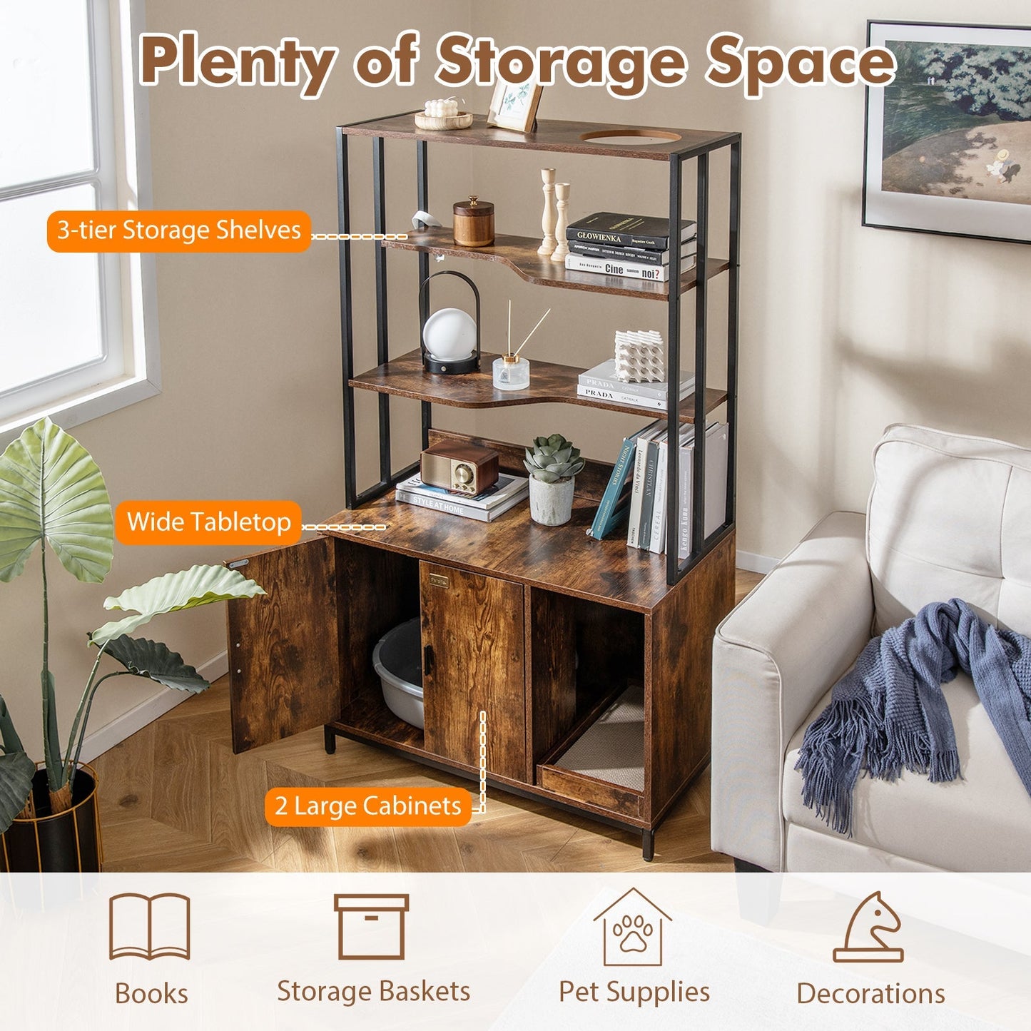 صندوق قمامة القطط مع مساحة تخزين وأرفف - لون القهوة