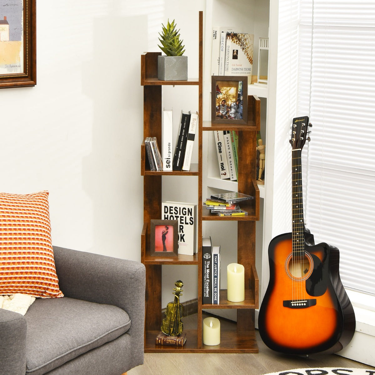 8-Tier Tree-Shaped Bookshelf Storage Shelf Bookcase with Anti-Tip Device Brown