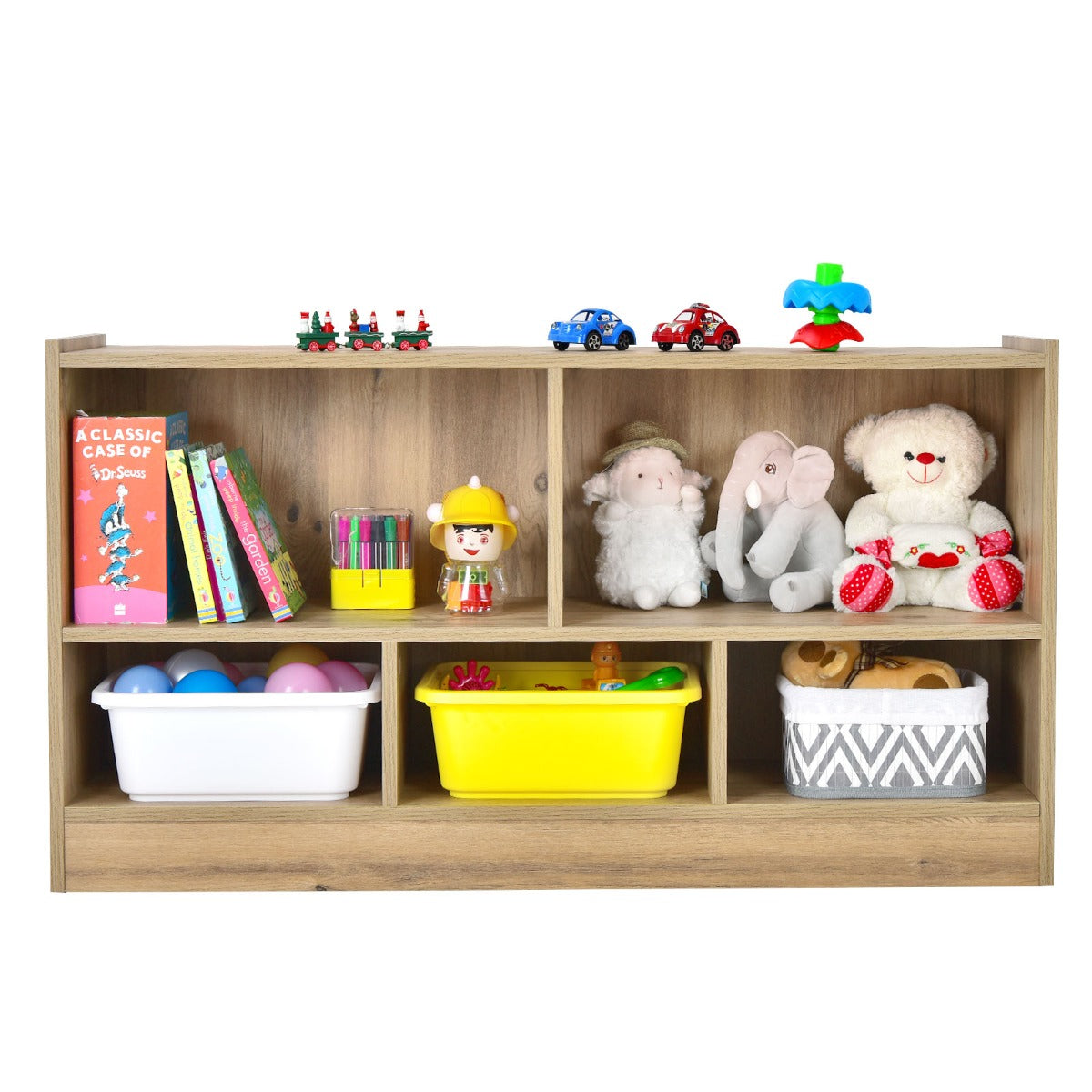 Wooden Storage Bookcase with 2 Tiers and 5 Cubes-Natural