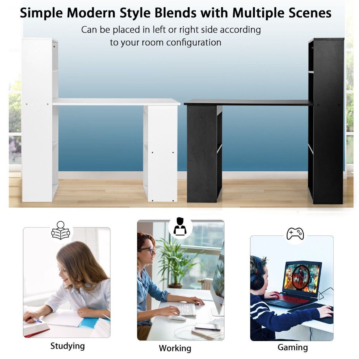 Modern 3-in-1 Wooden Computer Desk with 6-Tier Storage Bookshelves-Black