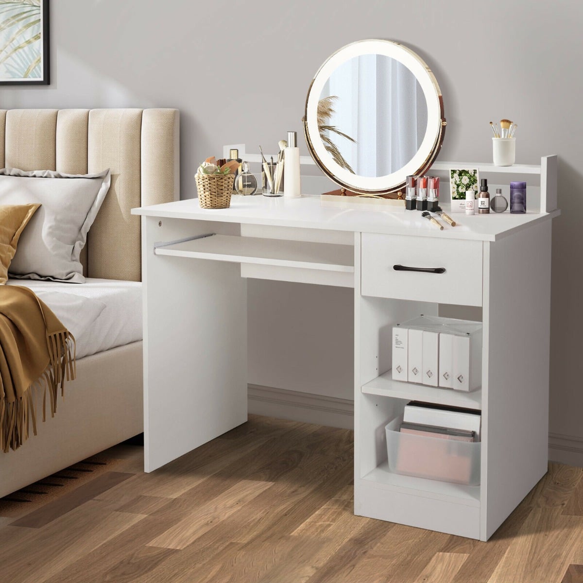 Wooden Computer Desk With Keyboard Tray for Work and Study-White
