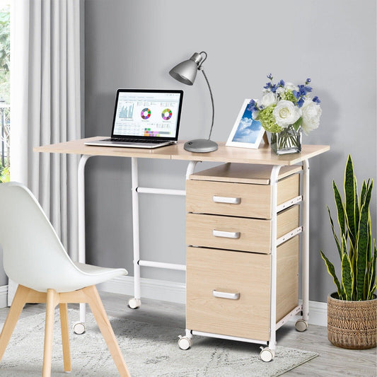 Folding Computer Desk with Rolling Wheels and 3 Drawers for Home Office-Natural