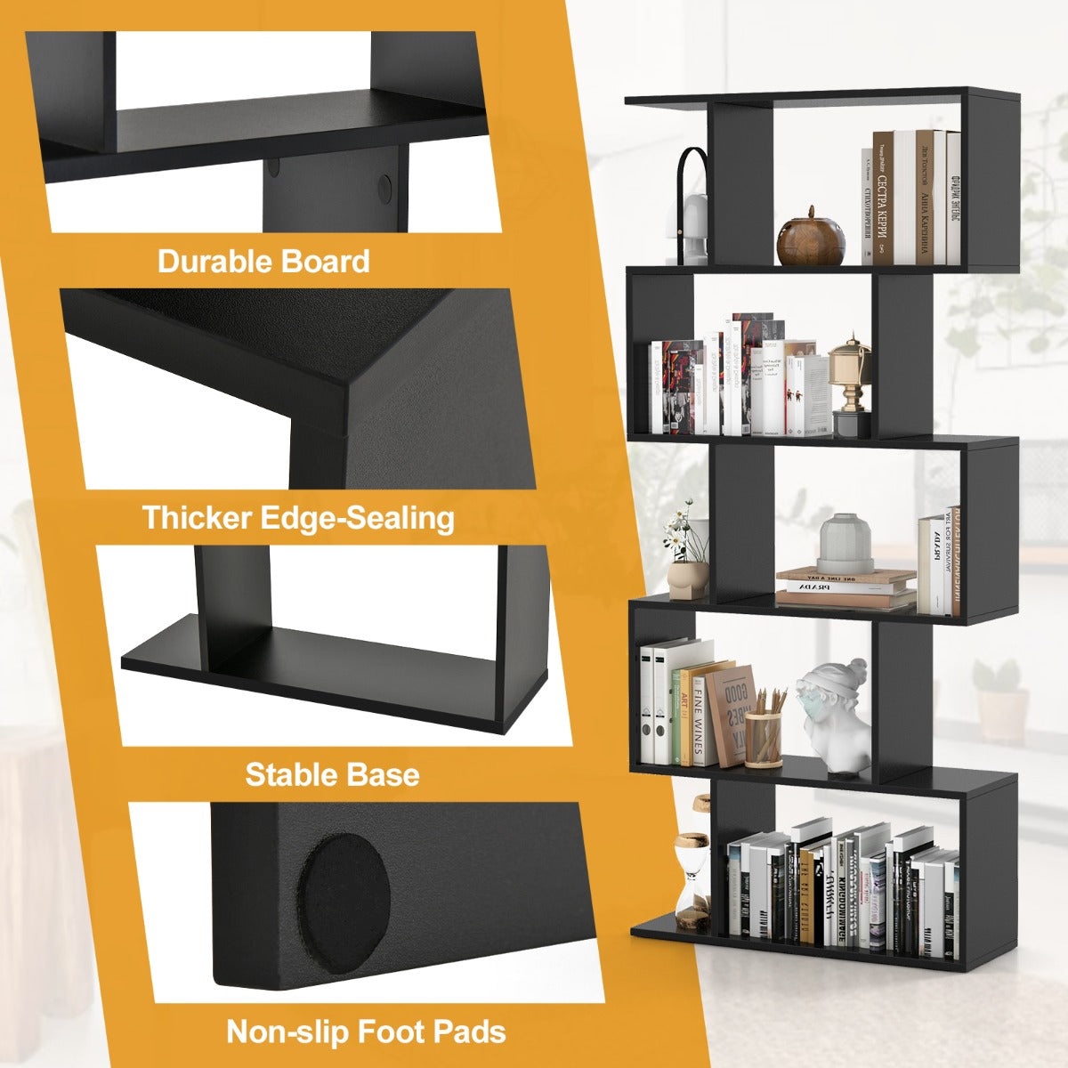 Geometric S-Shaped Bookcase with Anti-Toppling Device for Living Room/ Home/ Office
