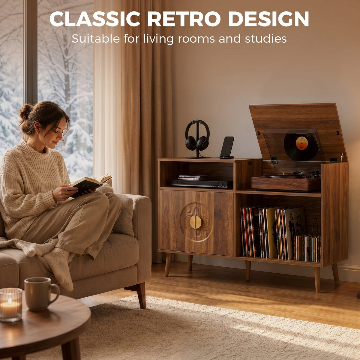 HOMCOM Record Player Stand, Vinyl Record Holder with Storage Holds Up to 300 Albums with Flip-Top Compartment, Walnut