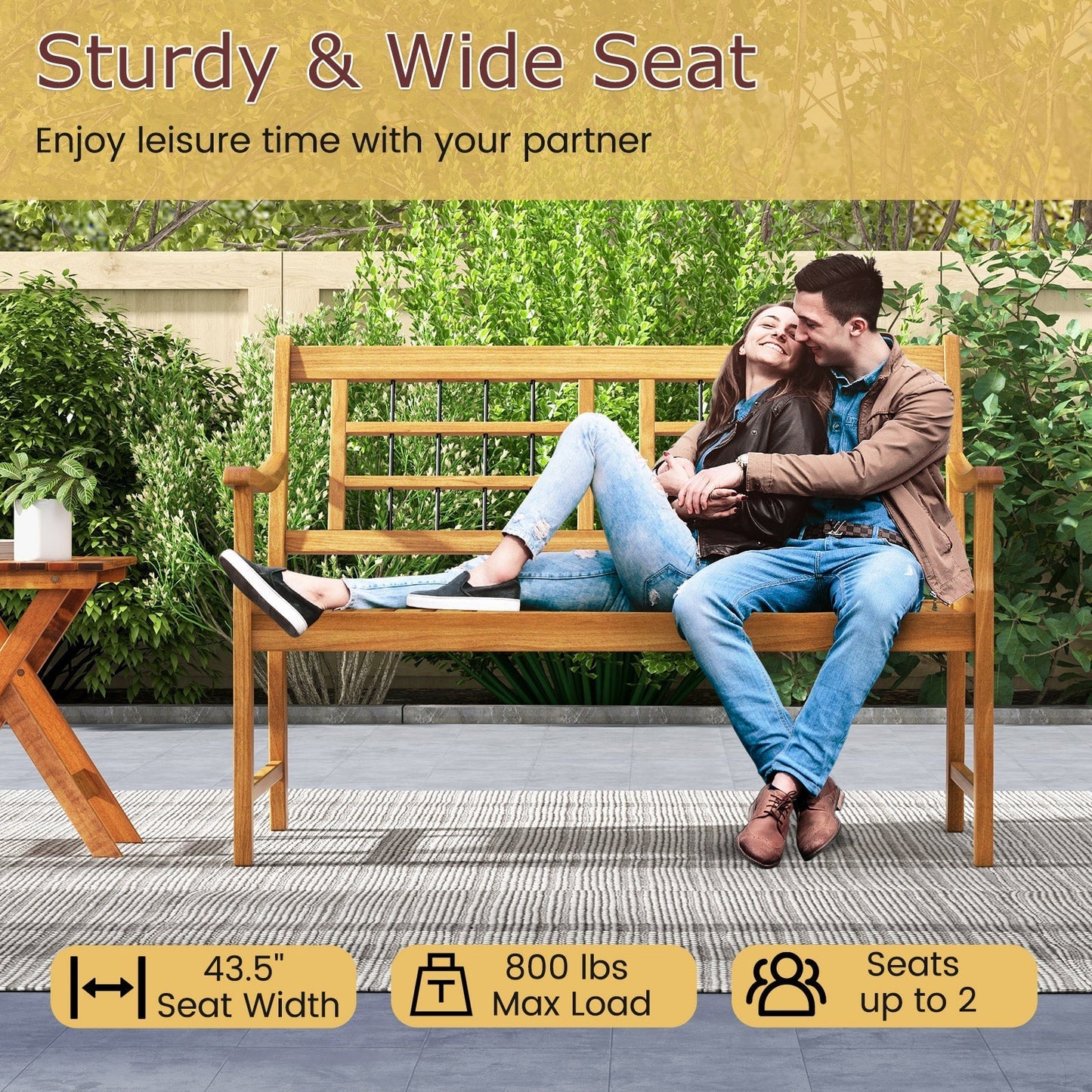 Patio Acacia Wood Bench with Curved Armrests Slatted Seat and Backrest